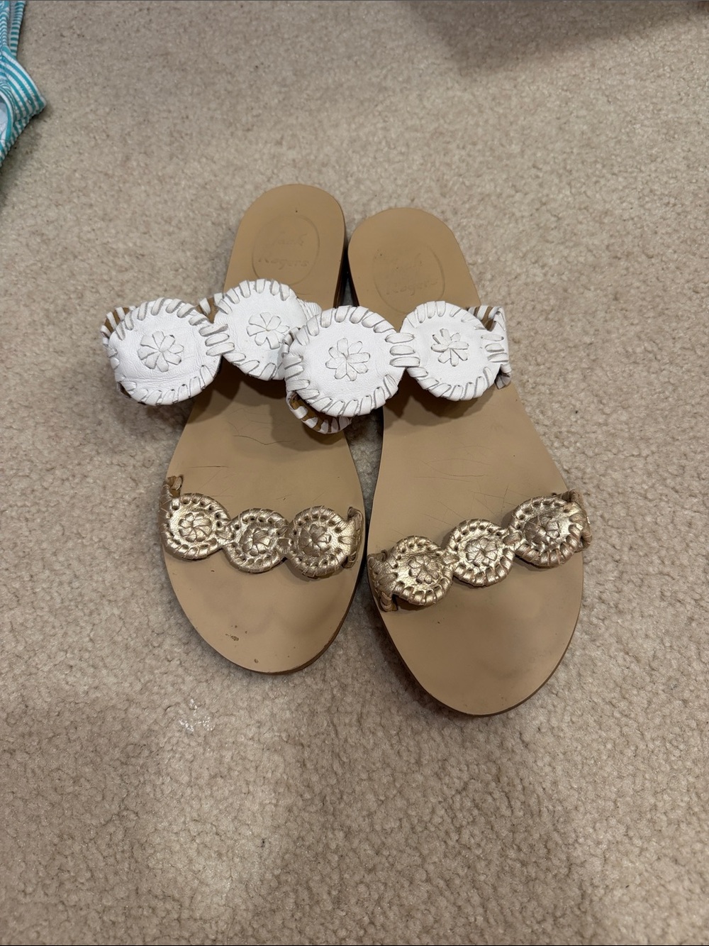 Jack Rogers White and Gold Medallion Slide Sandals
